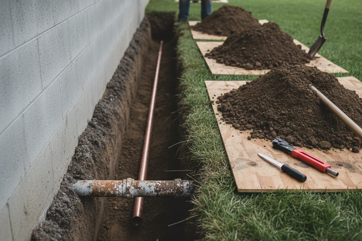 Excavated water line trench during Water Softener Installation in Gilmanton Iron Works